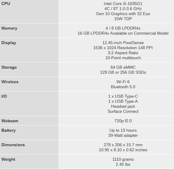 microsoft surface specs
